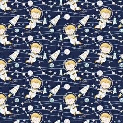 Baumwolle 100% Astronauten mit Raketen auf dunkelblauem Hintergrund  