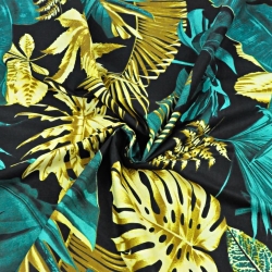 Baumwolle 100% große goldene smaragdgrüne Blätter auf schwarzem Hintergrund  