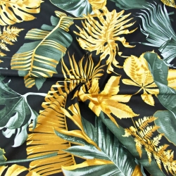 Baumwolle 100% Große Blätter grau-olivgold auf schwarzem Hintergrund - 220cm  
