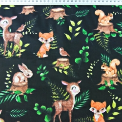 Baumwolle 100% Reh und Tiere mit Farnblättern auf schwarzem Hintergrund  