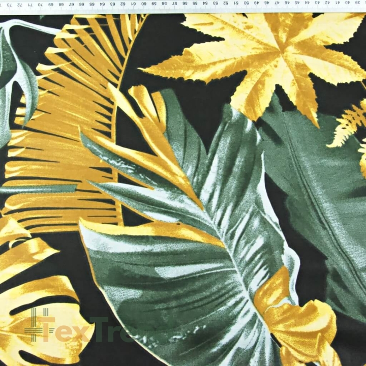 Baumwolle 100% Große Blätter gold-grau-oliv auf schwarzem Hintergrund  