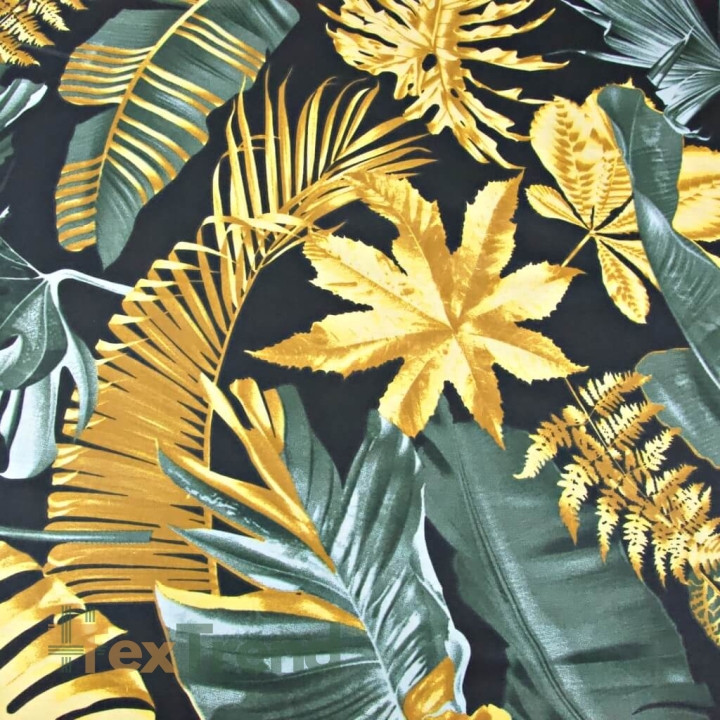 Baumwolle 100% Große Blätter gold-grau-oliv auf schwarzem Hintergrund  