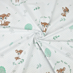 Baumwolle 100% Reh braun-salbeigrün mit grauen Punkten auf weißem Hintergrund  