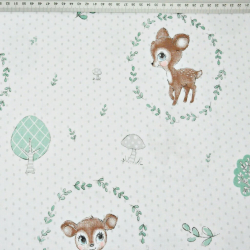 Baumwolle 100% Reh braun-salbeigrün mit grauen Punkten auf weißem Hintergrund  