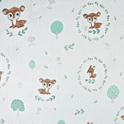 Baumwolle 100% Reh braun-salbeigrün mit grauen Punkten auf weißem Hintergrund  