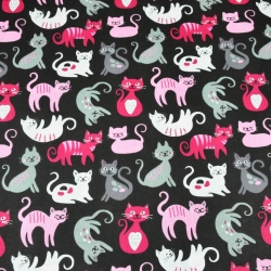 Baumwolle 100% rosa-graue Kätzchen auf schwarzem Hintergrund  