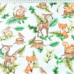 Baumwolle 100% Reh und Tiere mit Farnblättern auf weißem Hintergrund  