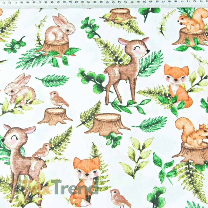 Baumwolle 100% Reh und Tiere mit Farnblättern auf weißem Hintergrund  
