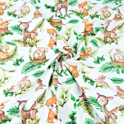 Baumwolle 100% Reh und Tiere mit Farnblättern auf weißem Hintergrund  