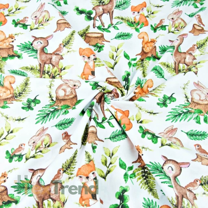 Baumwolle 100% Reh und Tiere mit Farnblättern auf weißem Hintergrund  