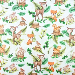 Baumwolle 100% Reh und Tiere mit Farnblättern auf weißem Hintergrund  