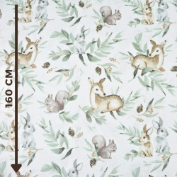 Baumwolle 100% Rehe mit Hasen und salbeigrünen Blättern auf weißem Hintergrund  