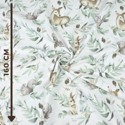Baumwolle 100% Rehe mit Hasen und salbeigrünen Blättern auf weißem Hintergrund  