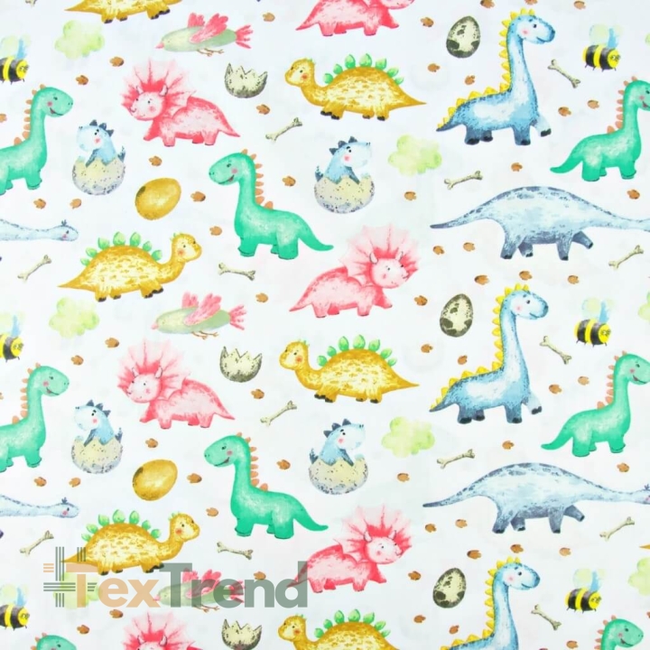 Baumwolle 100% Bunte Baby-Dinosaurier auf weißem Hintergrund  
