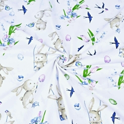 Baumwolle 100% Osterhasen mit Blumen auf weißem Hintergrund  