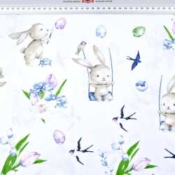 Baumwolle 100% Osterhasen mit Blumen auf weißem Hintergrund  