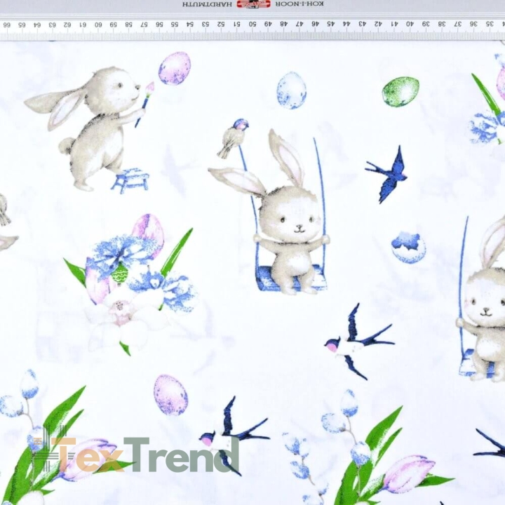Baumwolle 100% Osterhasen mit Blumen auf weißem Hintergrund  