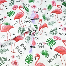 Baumwolle 100% Flamingos und Papageien mit Blättern auf weißem Hintergrund  