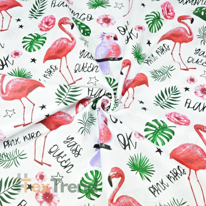 Baumwolle 100% Flamingos und Papageien mit Blättern auf weißem Hintergrund  