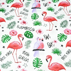 Baumwolle 100% Flamingos und Papageien mit Blättern auf weißem Hintergrund  
