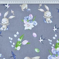 Baumwolle 100% Osterhasen mit Blumen auf dunkelgrauem Hintergrund  