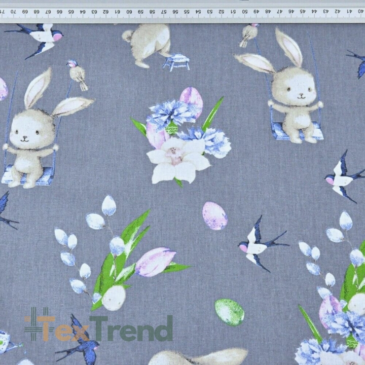 Baumwolle 100% Osterhasen mit Blumen auf dunkelgrauem Hintergrund  