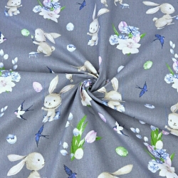 Baumwolle 100% Osterhasen mit Blumen auf dunkelgrauem Hintergrund  