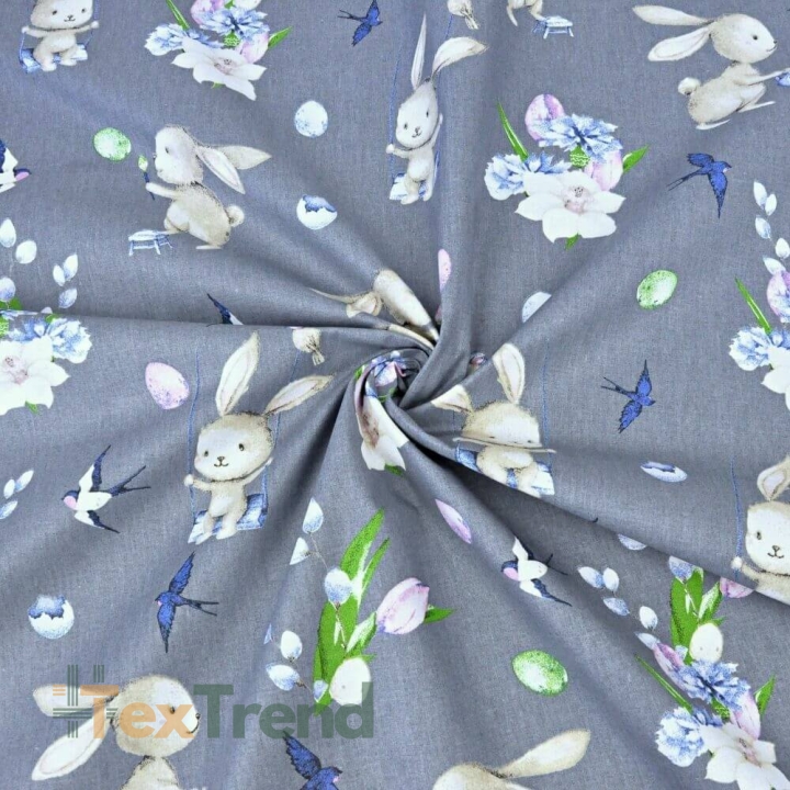 Baumwolle 100% Osterhasen mit Blumen auf dunkelgrauem Hintergrund  