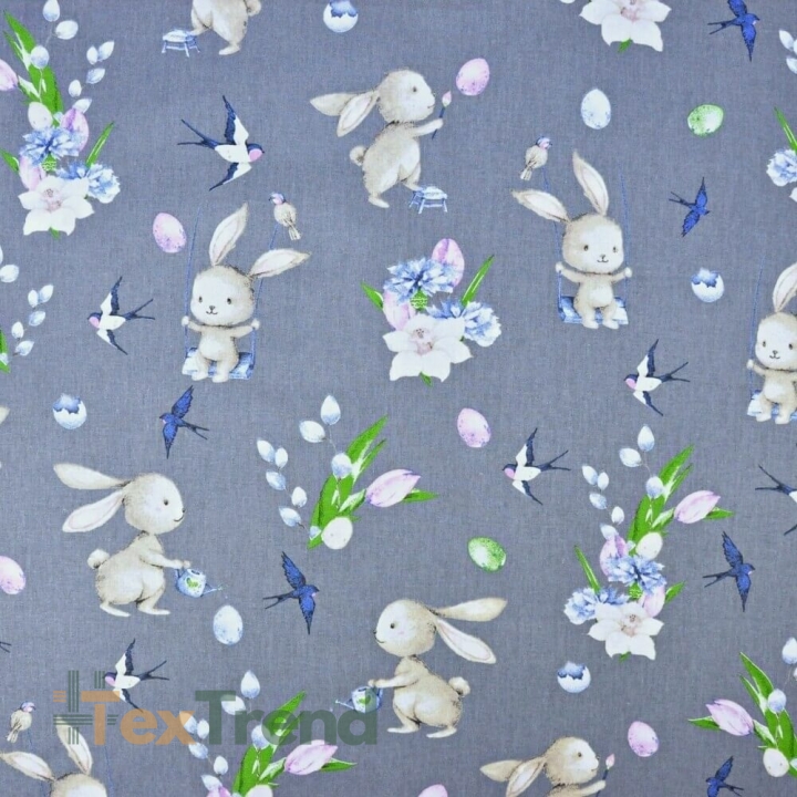Baumwolle 100% Osterhasen mit Blumen auf dunkelgrauem Hintergrund  