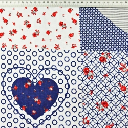 Baumwolle 100% Patchwork in Herzen weiß-blau-rot  