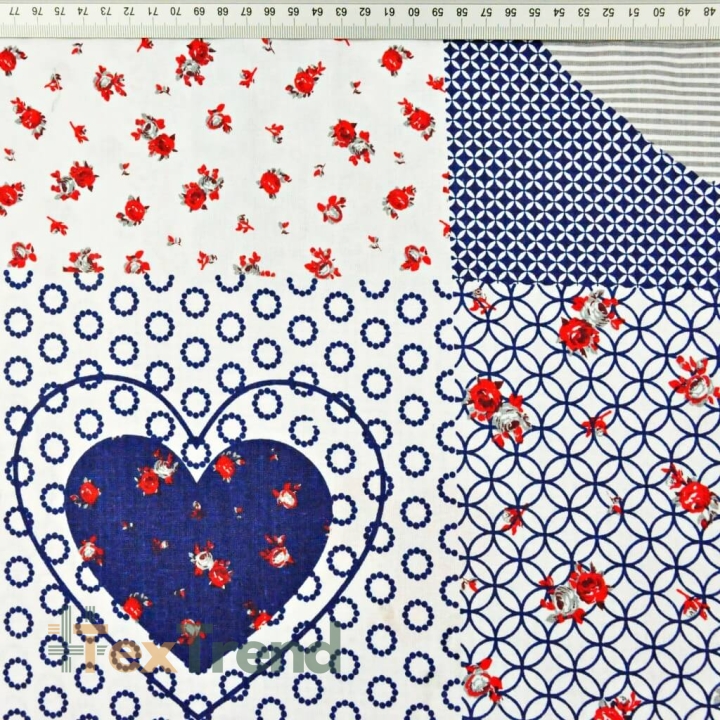 Baumwolle 100% Patchwork in Herzen weiß-blau-rot  