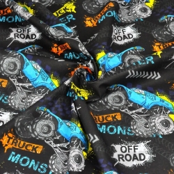 Baumwolle 100% Monstertruck-Autos auf schwarzem Hintergrund  