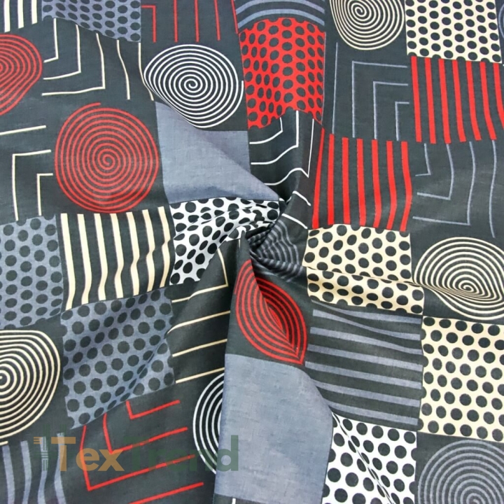 Baumwolle 100% Geometrisches Patchwork grau-rot  