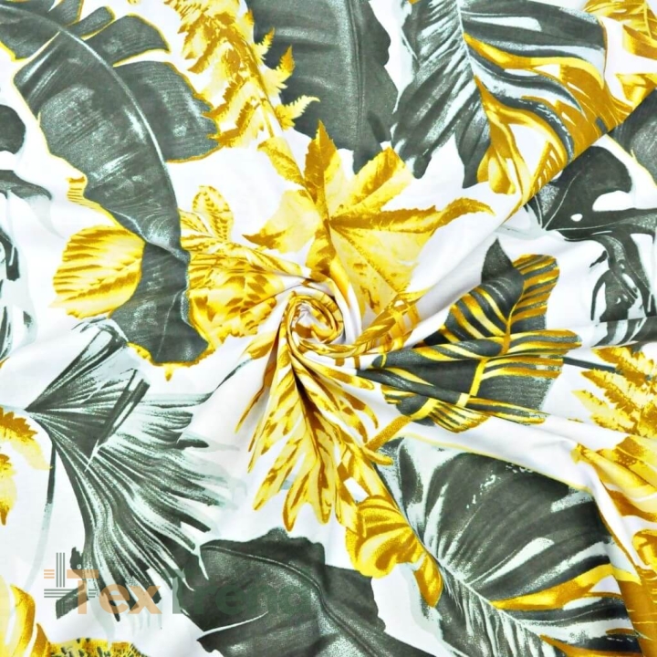 Baumwolle 100% große Blätter gold grau-oliv auf weißem Hintergrund  
