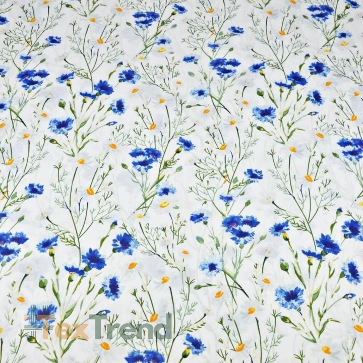 Baumwolle 100% Blumen Kornblumen und Kamille auf weißem Hintergrund