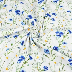 Baumwolle 100% Blumen Kornblumen und Kamille auf weißem Hintergrund