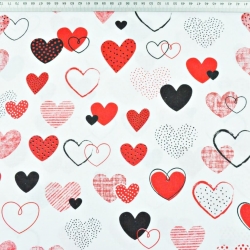 Baumwolle 100% gemusterte rote Herzen auf weißem Hintergrund  