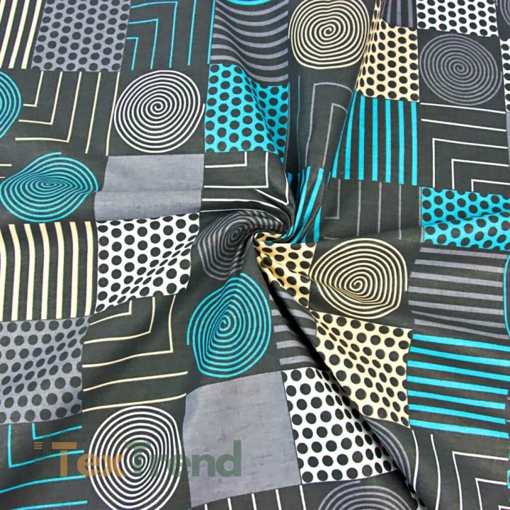 Baumwolle 100% Geometrisches Patchwork grau-türkis  
