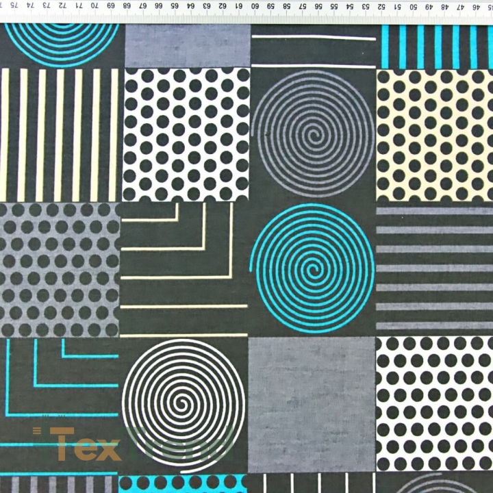 Baumwolle 100% Geometrisches Patchwork grau-türkis  