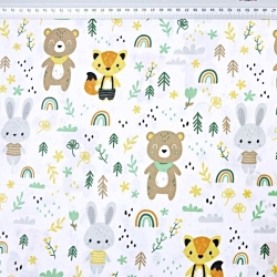 Baumwolle 100% grüne Tiere mit Regenbögen auf weißem Hintergrund  