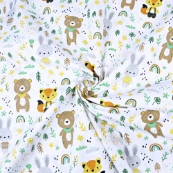 Baumwolle 100% grüne Tiere mit Regenbögen auf weißem Hintergrund  