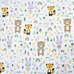 Baumwolle 100% grüne Tiere mit Regenbögen auf weißem Hintergrund  