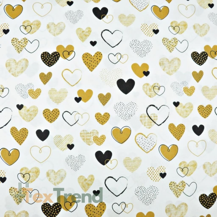 Baumwolle 100% gemusterte beige Herzen auf weißem Hintergrund  