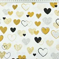 Baumwolle 100% gemusterte beige Herzen auf weißem Hintergrund  