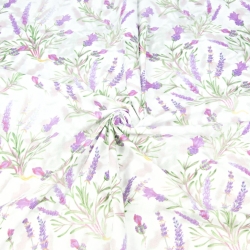 Baumwolle 100% Lavendelblumen mit Zweigen auf weiß-grauem Hintergrund  