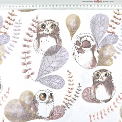 Baumwolle 100% Eulen in Blättern auf weißem Hintergrund  