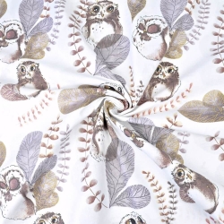 Baumwolle 100% Eulen in Blättern auf weißem Hintergrund  