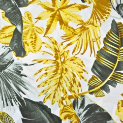 Baumwolle 100% große Blätter grau-olivgold auf weißem Hintergrund - 220cm  
