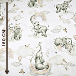 Baumwolle 100% pastellfarbene Elefanten mit Regenbogen auf weißem Hintergrund  