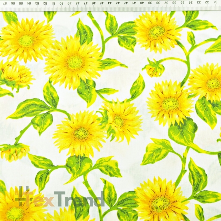 Baumwolle 100% Sonnenblumen auf weißem Hintergrund - 220cm  